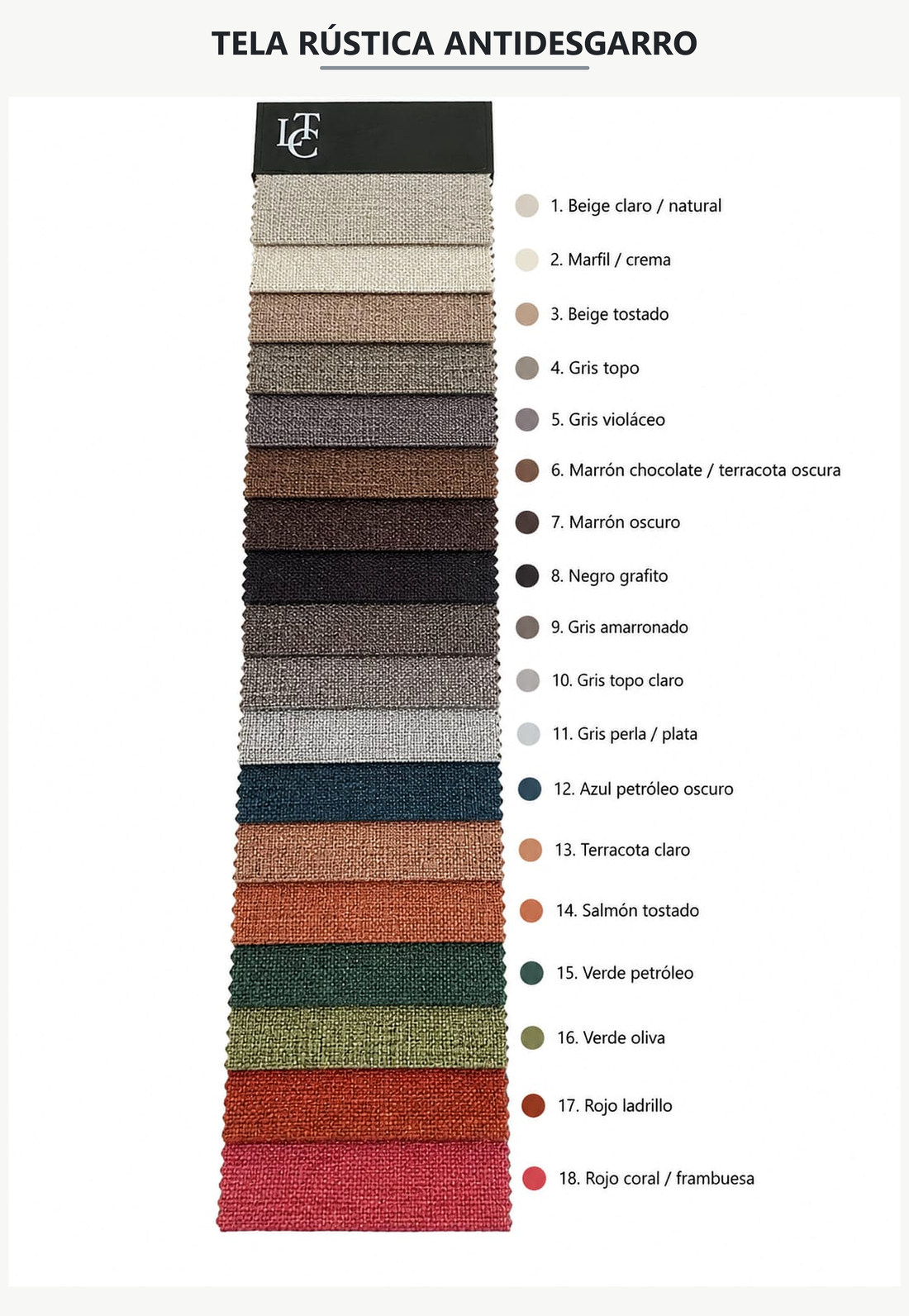 Muestrario real de tela rústica antidesgarro con 18 colores